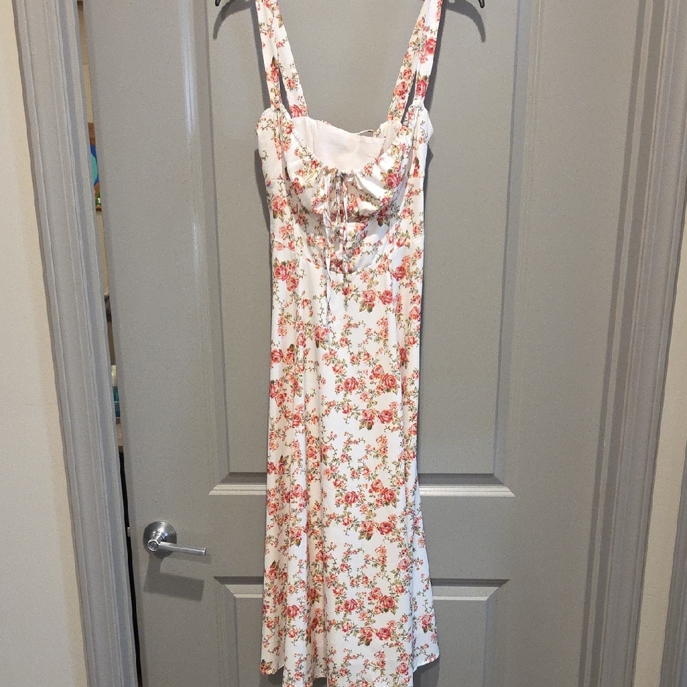 Lace Up Floral Maxi Dress with Pink and White Design
